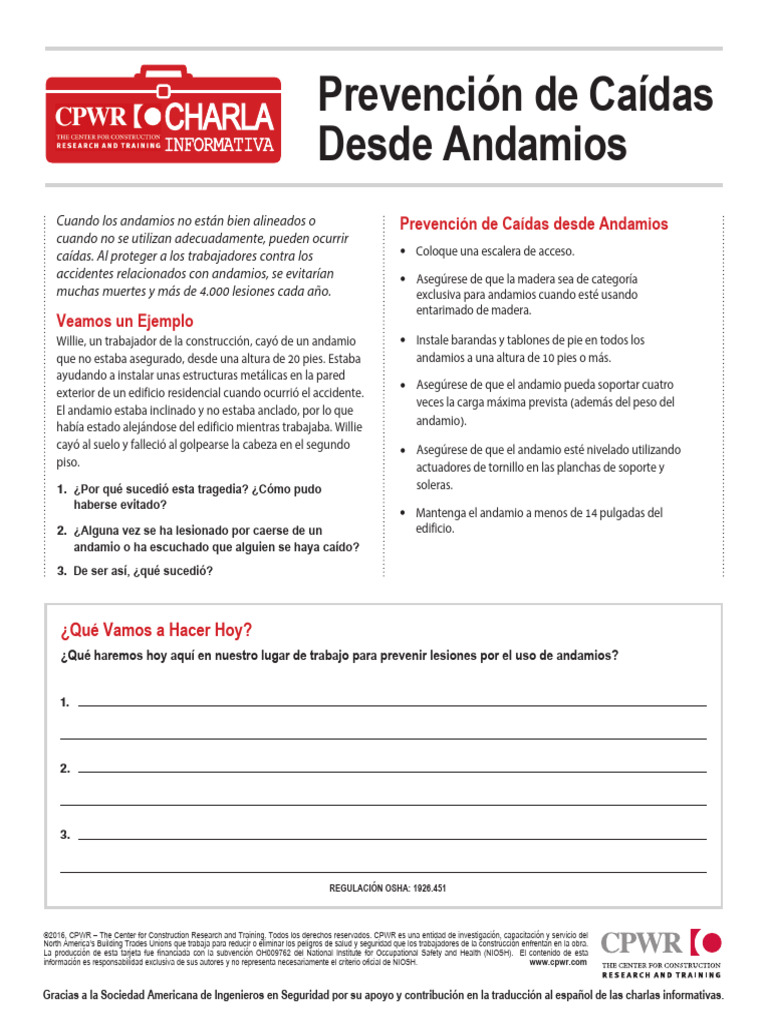 Cpwr Preventing Falls From Scaffolding Spanish Pdf Andamio