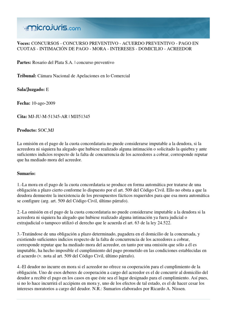 Fallo Mora en Pago de Cuota | PDF | Pagos | Justicia