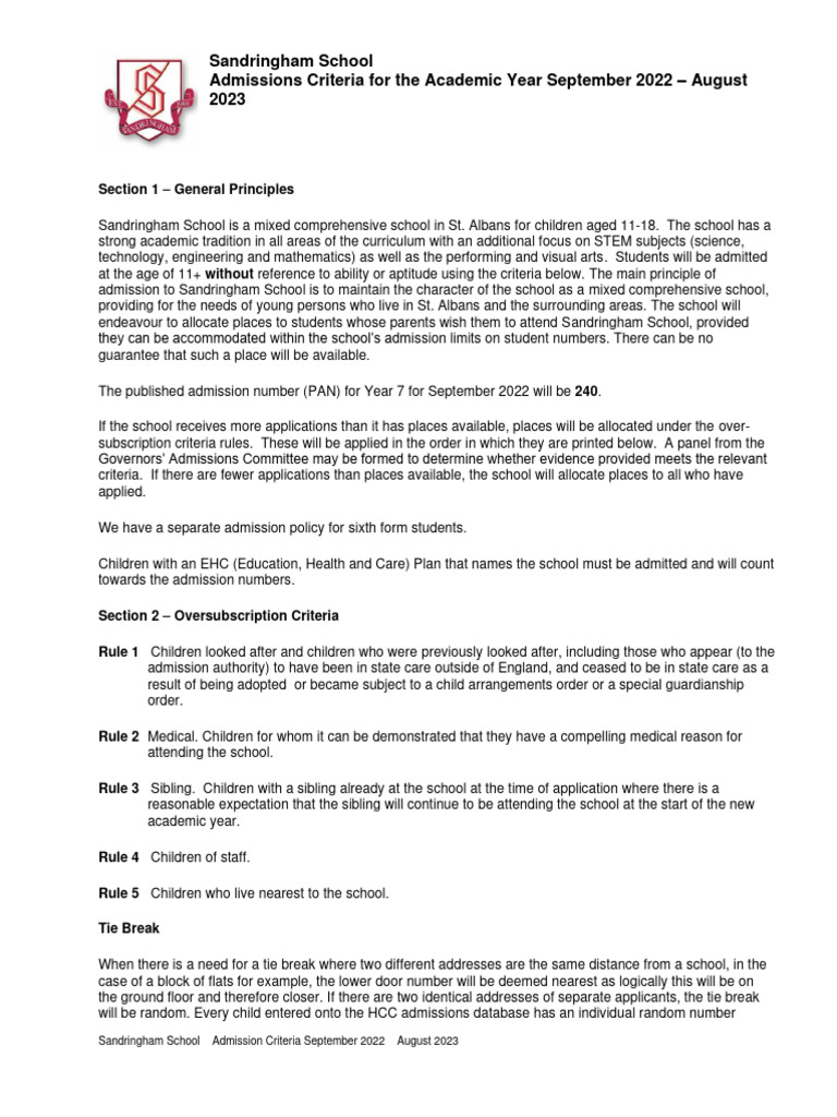 sandringham-school-admission-criteria-2022-2023-determined-june-2021