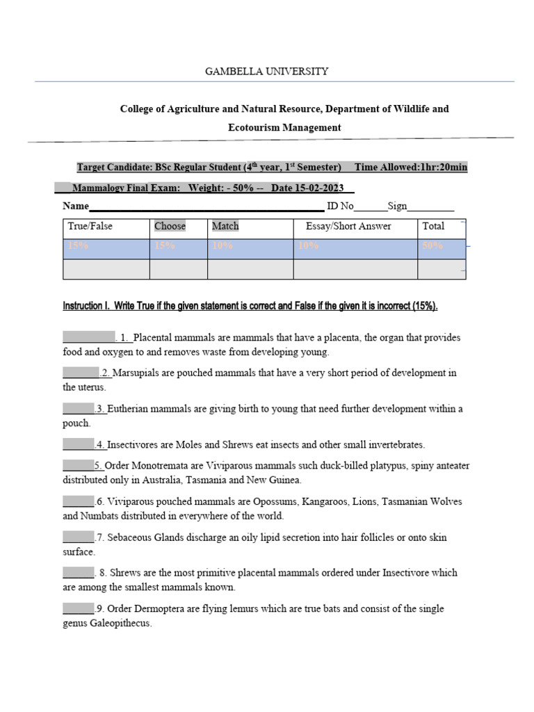 Mammalogy Final Exam Overview | PDF | Marsupials | Mammals