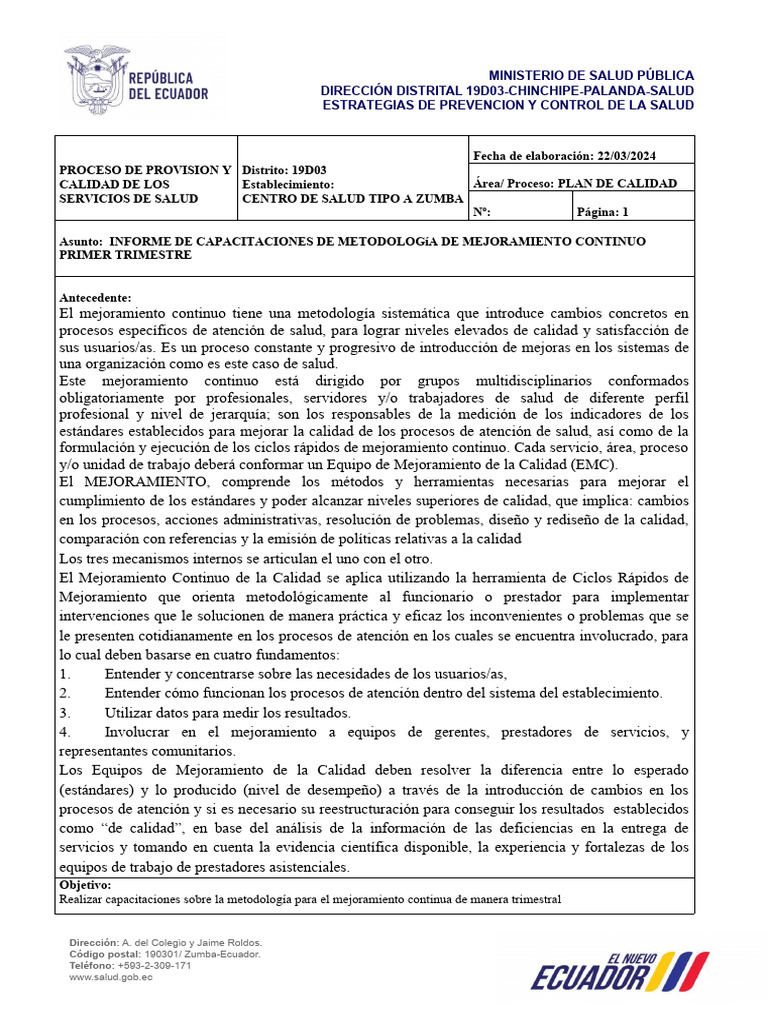 Informe Mejoramiento Continuo de La Calidad | PDF