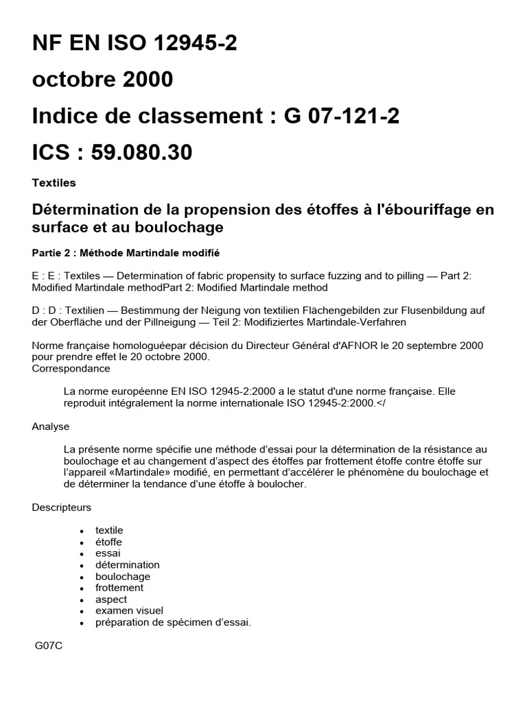 Norme NF EN ISO 12945-2: Boulochage Textiles | PDF | Organisation ...