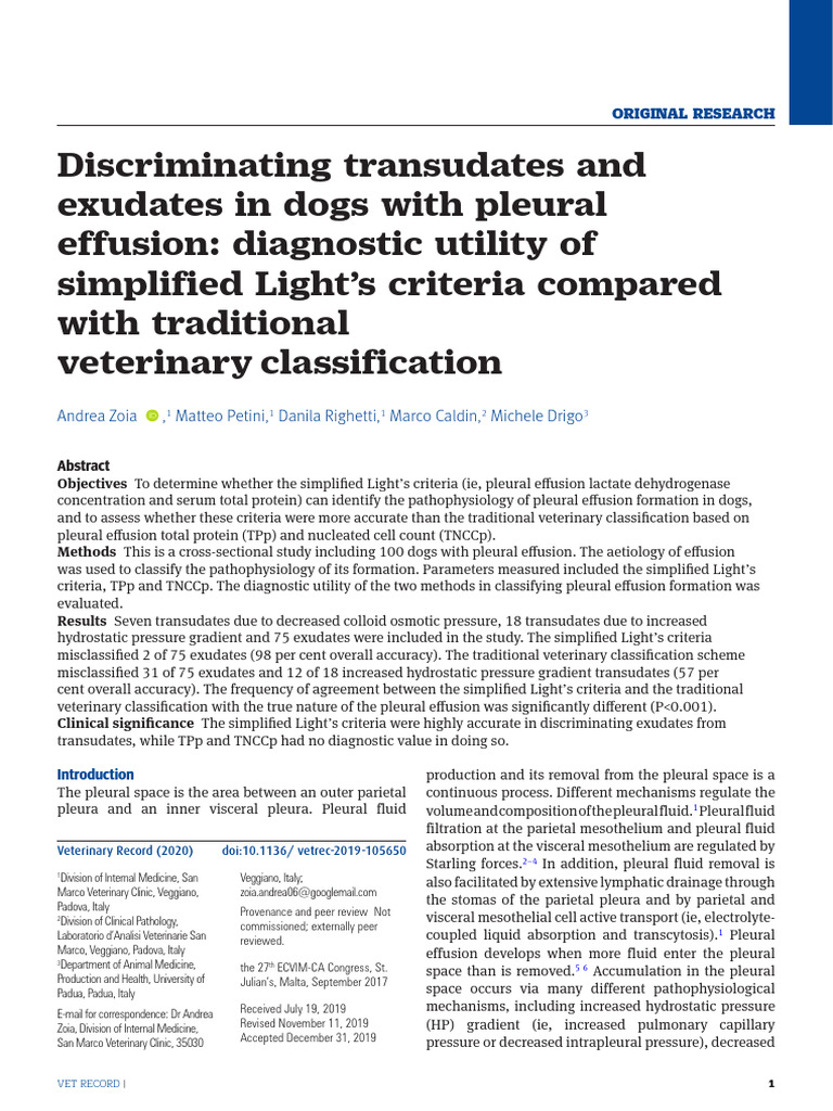 Veterinary Record - 2020 - Zoia - Discriminating Transudates and ...