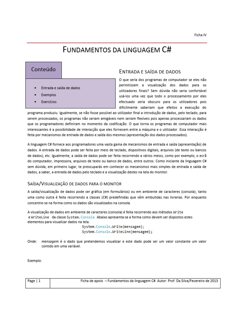 Ficha IV - Entrada e Saida e Dados | PDF | C Sharp (linguagem de ...