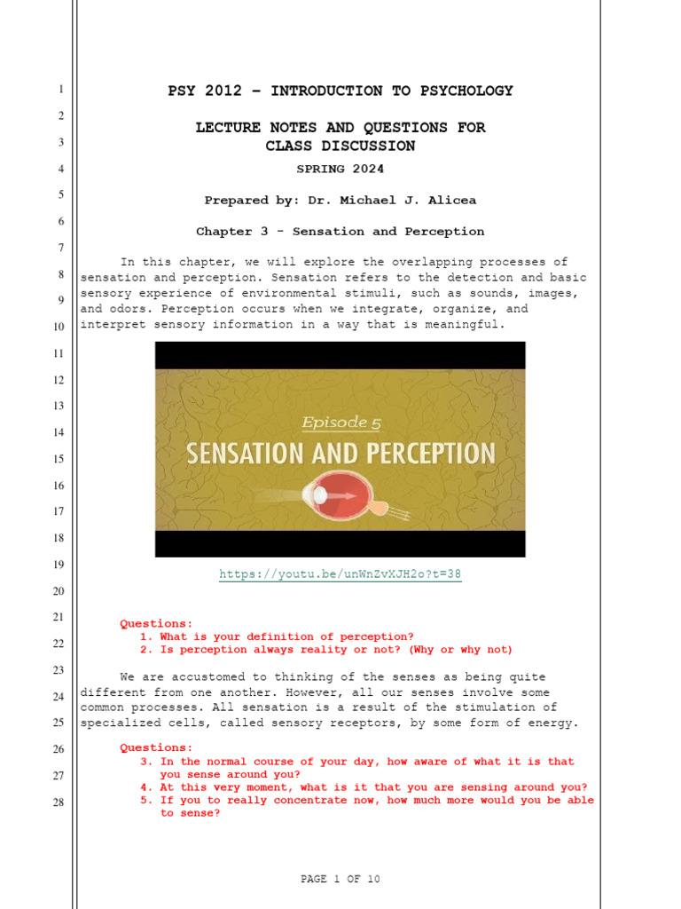 PSY+2012+ +chapter+3+ +Lecture+Notes+ +SPRING+2024 | PDF | Senses | Retina