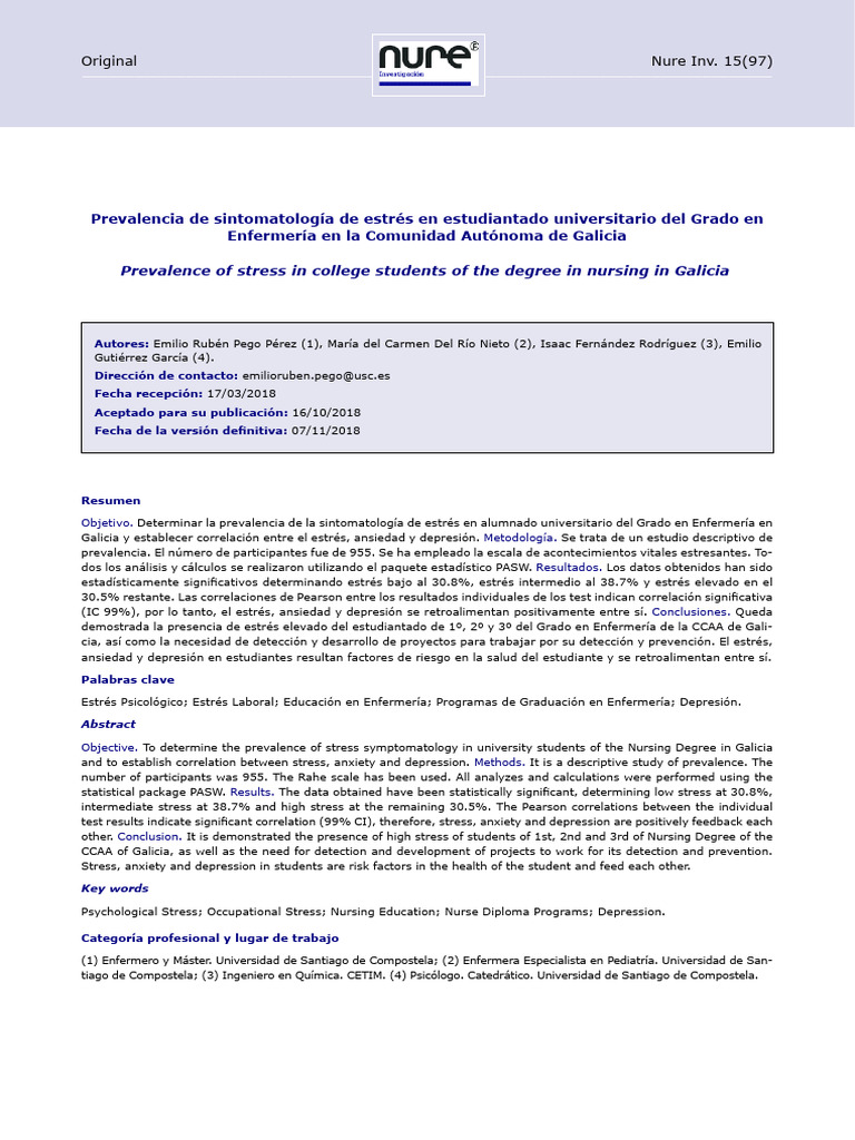 Estrés en estudiantes de enfermería en Galicia | PDF | Depresión ...