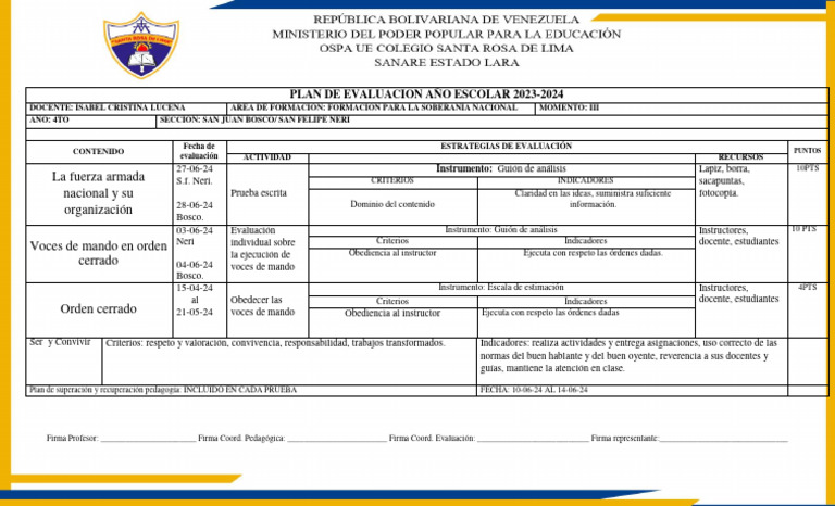 Plan de Evaluación 2023-2024 Docente Lucena | PDF