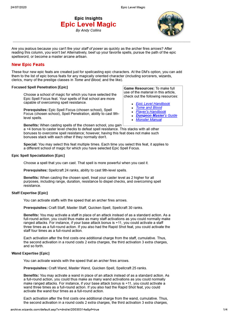 Epic Level Magic Pdf Dungeons Dragons Gary Gygax Games
