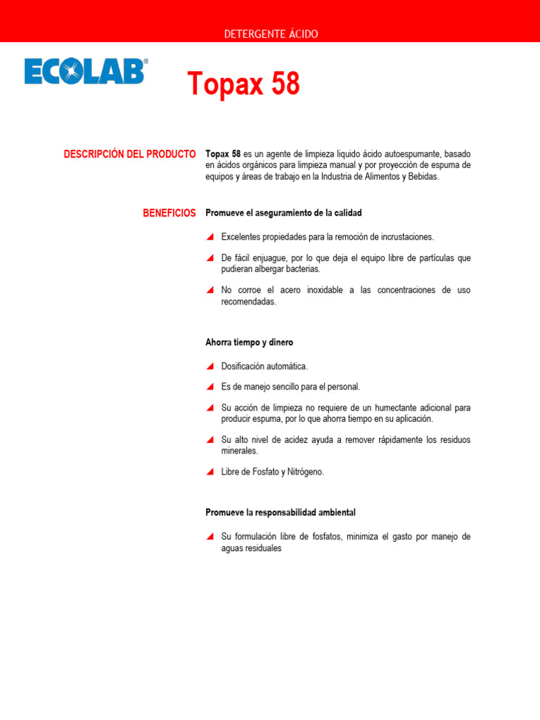 Ficha Técnica de Topax 58 Ecolab | PDF | Ácido | Detergente