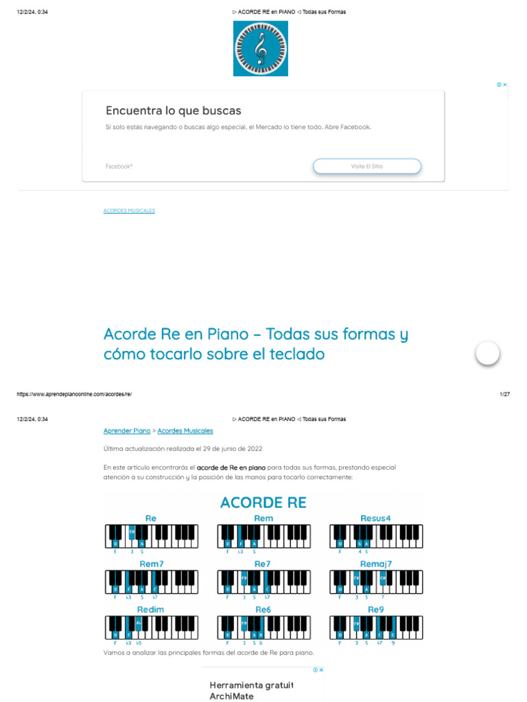 Acorde Re en Piano: Todas las Formas | PDF | Acorde (Música) | Mano