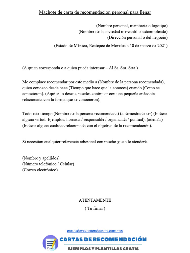 Machote de Carta de Recomendacion Personal para Llenar | PDF