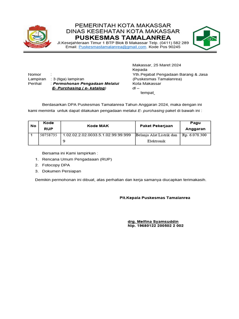 Format Surat Permohonan Pbj Melalui E Purchasing Pdf