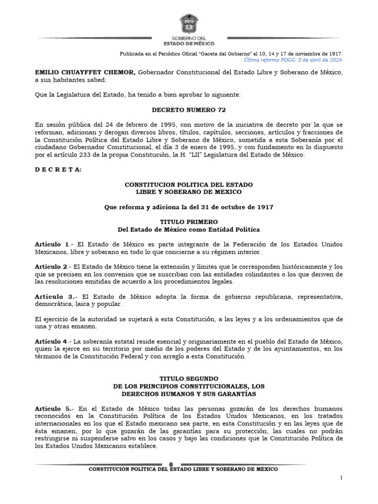 Constitucion Politica Del Estado Libre y Soberano de Mexico | PDF ...