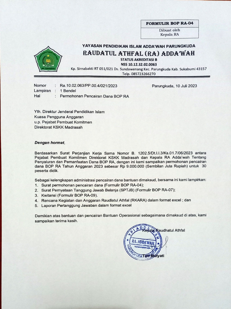 Formulir BOP RA | PDF