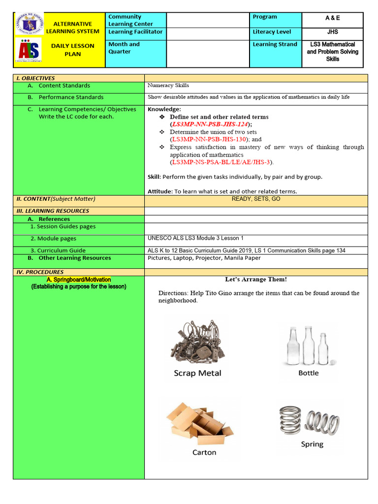 Ls3 Math Dlp Jhs Ready Sets Go Pdf Learning Reading Comprehension
