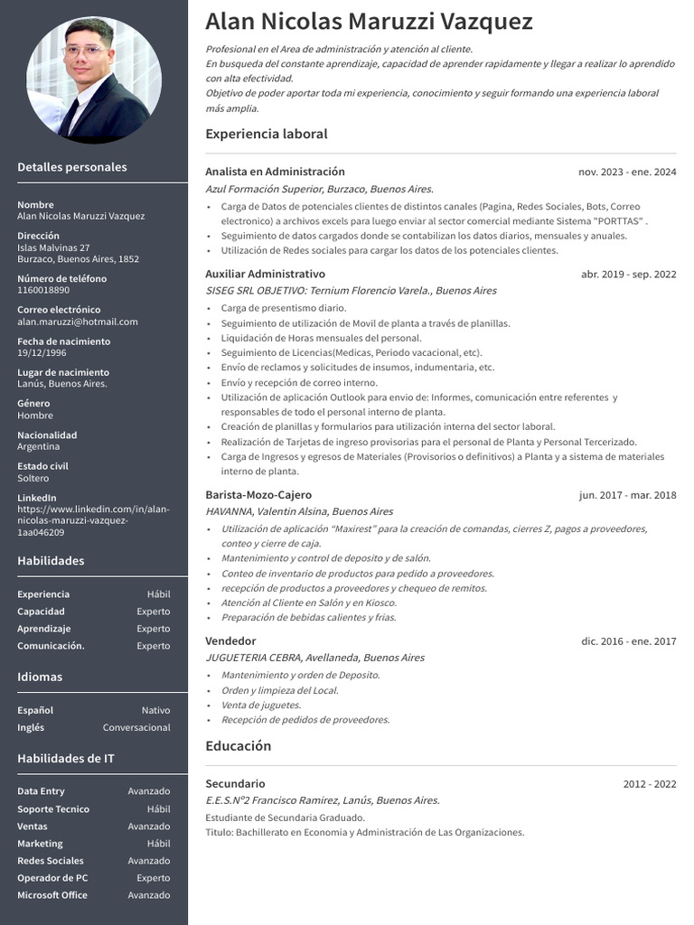 CV de Alan Maruzzi: Experto en Administración | PDF | Informática