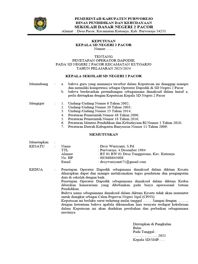 Format Sk Operator Dan Permohonan Akun Dapodik Pdf