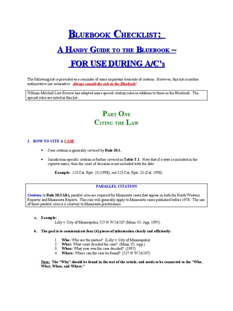 Blue Book Checklist Case Citation Citation