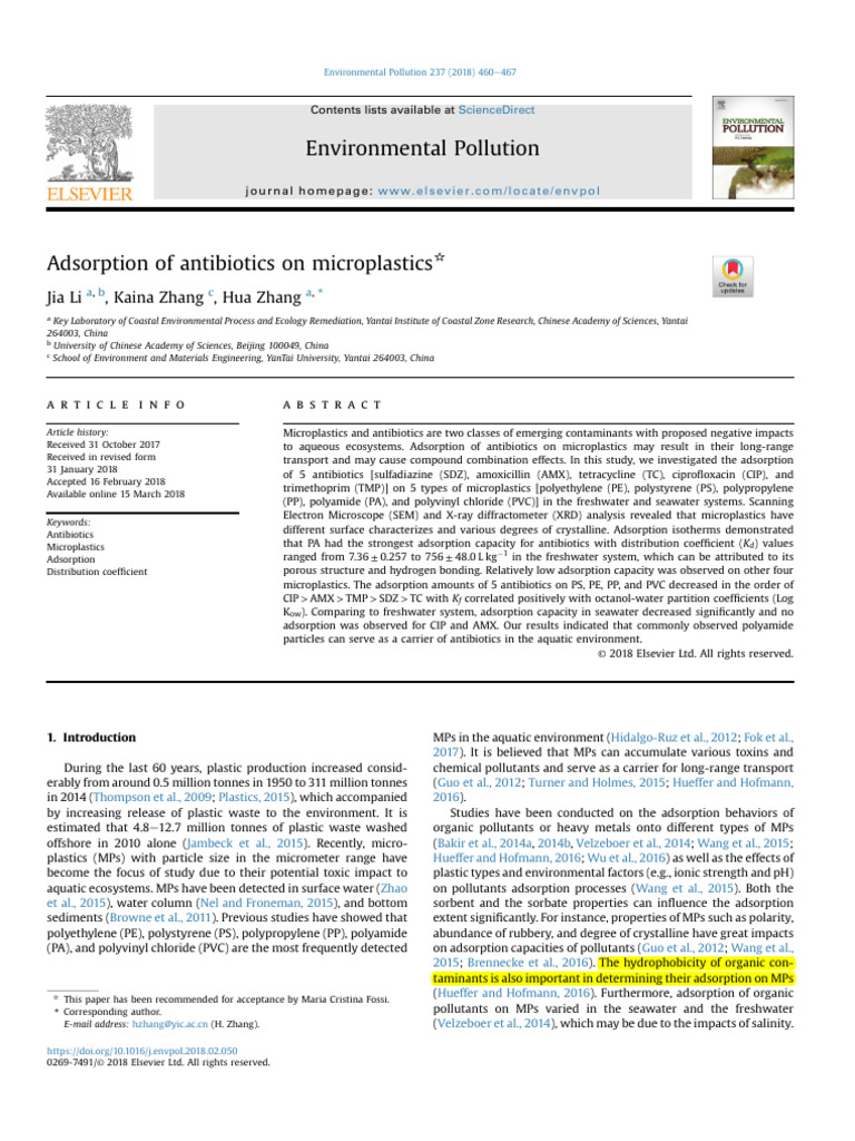 Antibiotics Adsorption on Microplastics | PDF | Adsorption | Plastic