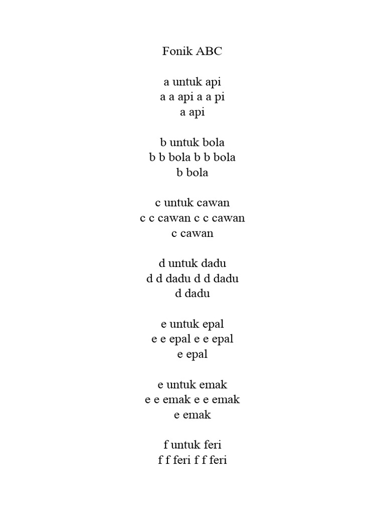 Lirik Lagu Fonik ABC untuk Prasekolah | PDF