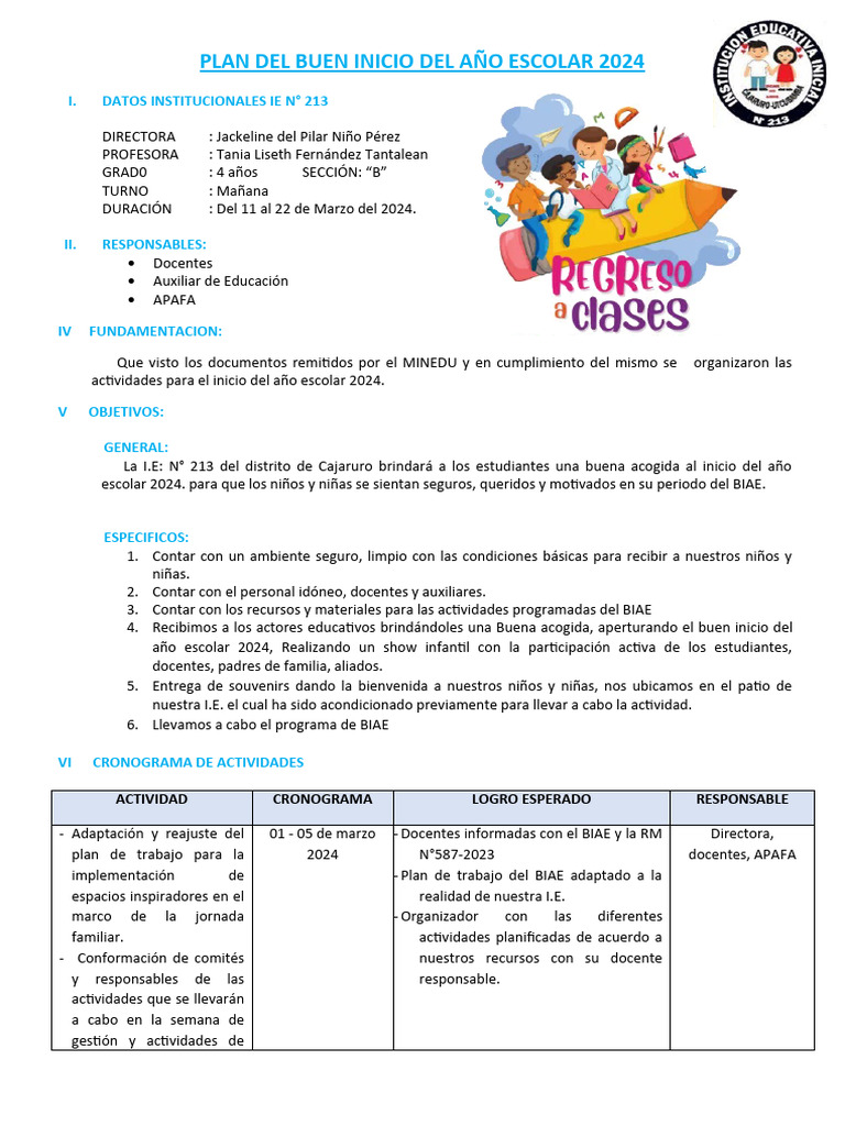 4 Años - PLAN DEL BUEN INICIO DEL AÑO ESCOLAR Actualizado | PDF | Las ...