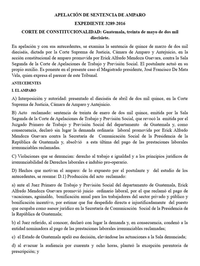Apelación de Sentencia de Amparo (Laboral) | PDF | Caso de ley ...