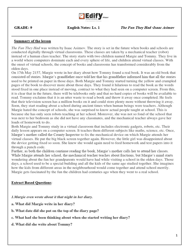 Grade 9 The Fun They Had Notes | PDF | Teachers | Books
