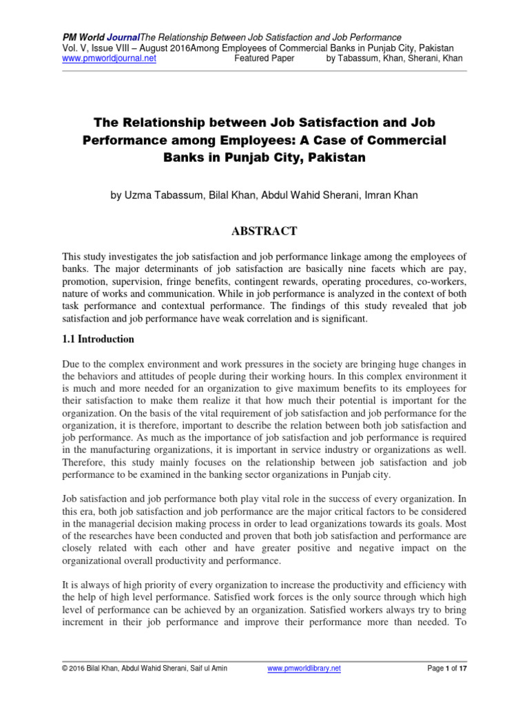 Job Satisfaction and Performance in Banks | PDF | Job Satisfaction ...