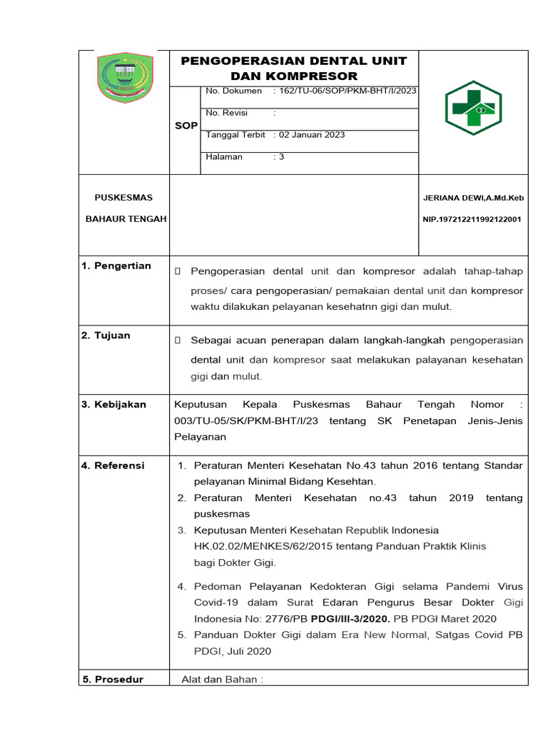 Sop Pengoperasian Dental Unit Dan Kompresor | PDF