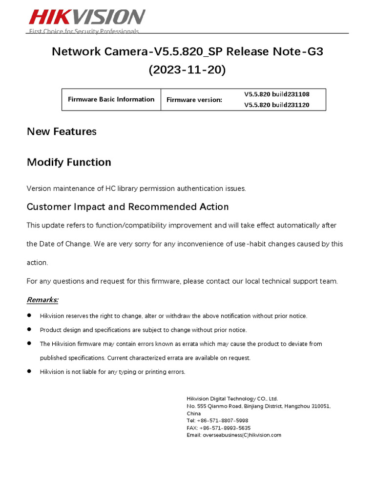 Hikvision V5.5.820 Firmware Release Note | PDF | Computing