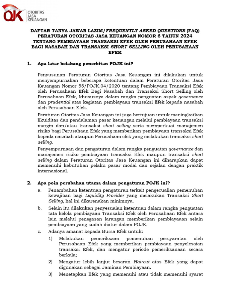 FAQ POJK 6 Tahun 2024 Pembiayaan Transaksi Efek Oleh Perusahaan Efek