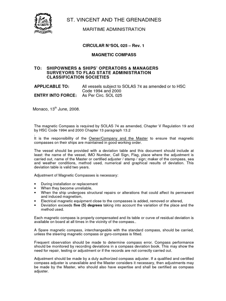 Magnetic Compass Guidelines for Vessels | PDF | Compass | Shipping