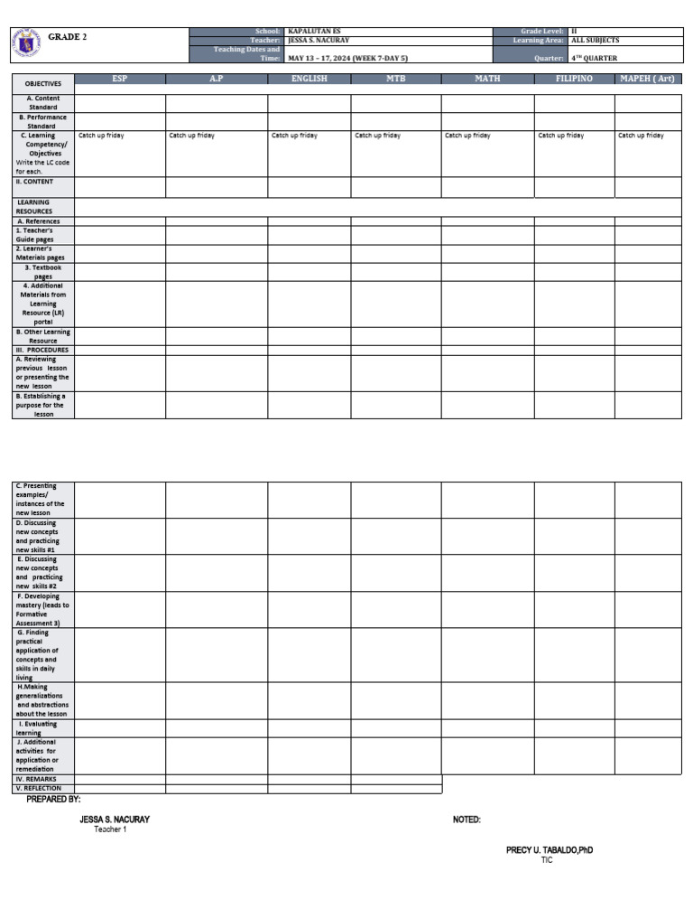 Grade 2 Weekly Lesson Plan Overview | PDF