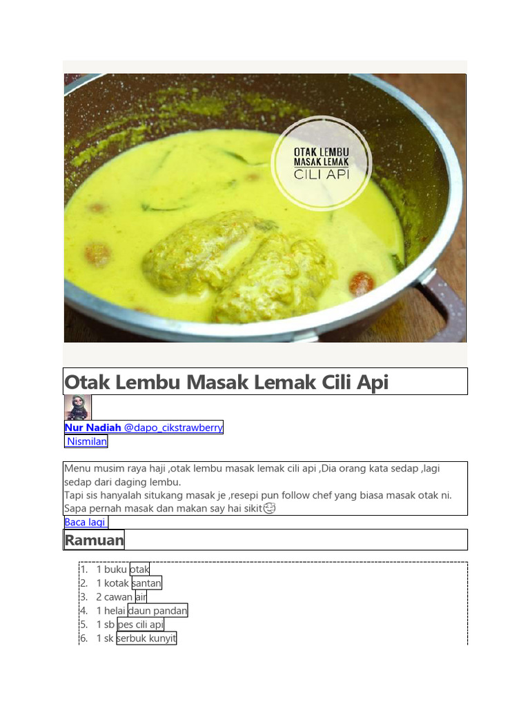 Resipi Otak Lembu Masak Lemak Cili Api | PDF