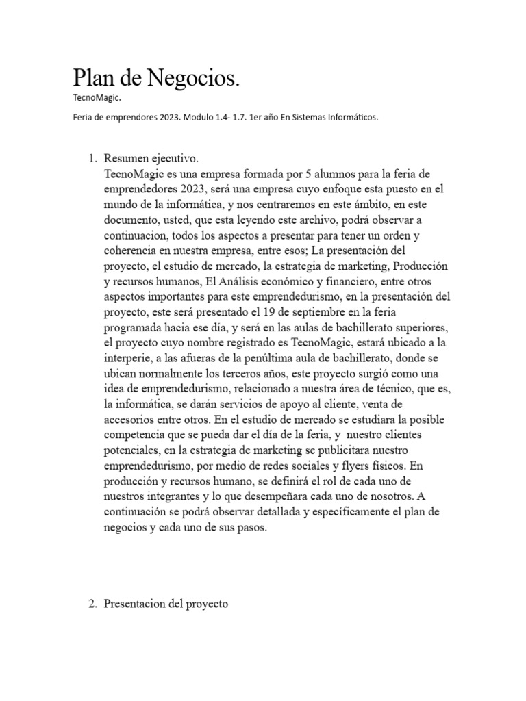 Plan de Negocios para TecnoMagic 2023 | PDF | Iniciativa empresarial ...