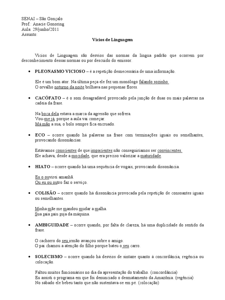 Vícios de Linguagem: Definições e Exemplos | PDF | Linguística | Idiomas