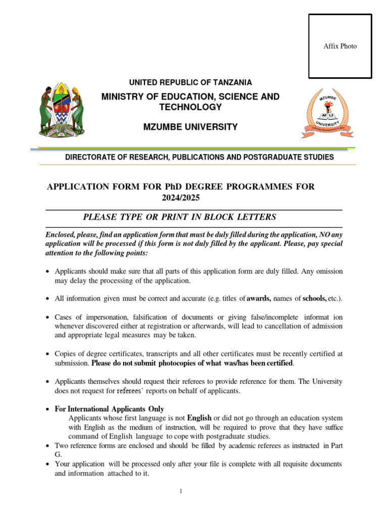 APPLICATION FORM FOR PHD APPLICANTS - 2024-2025 | PDF | Expert | Disability