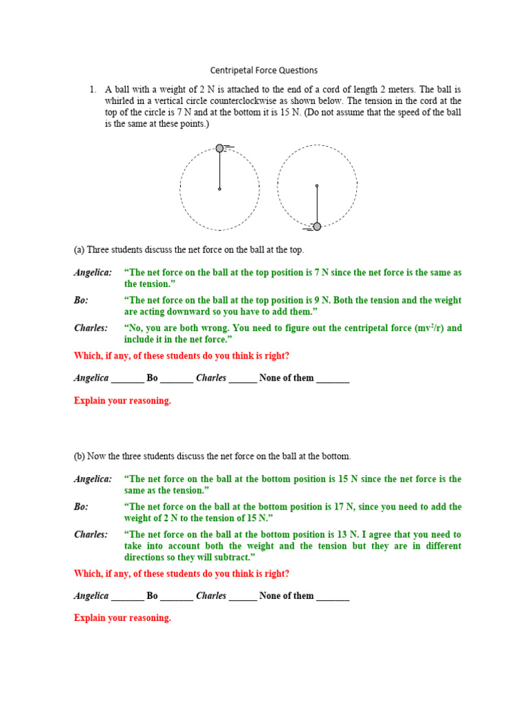 Centripetal Force Questions PDF Force Acceleration