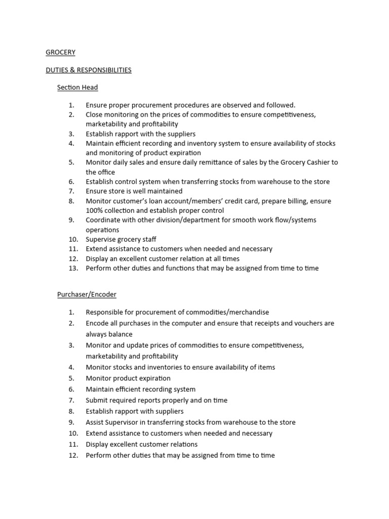 Duties and Responsibilities Grocery and Meat Download Free PDF