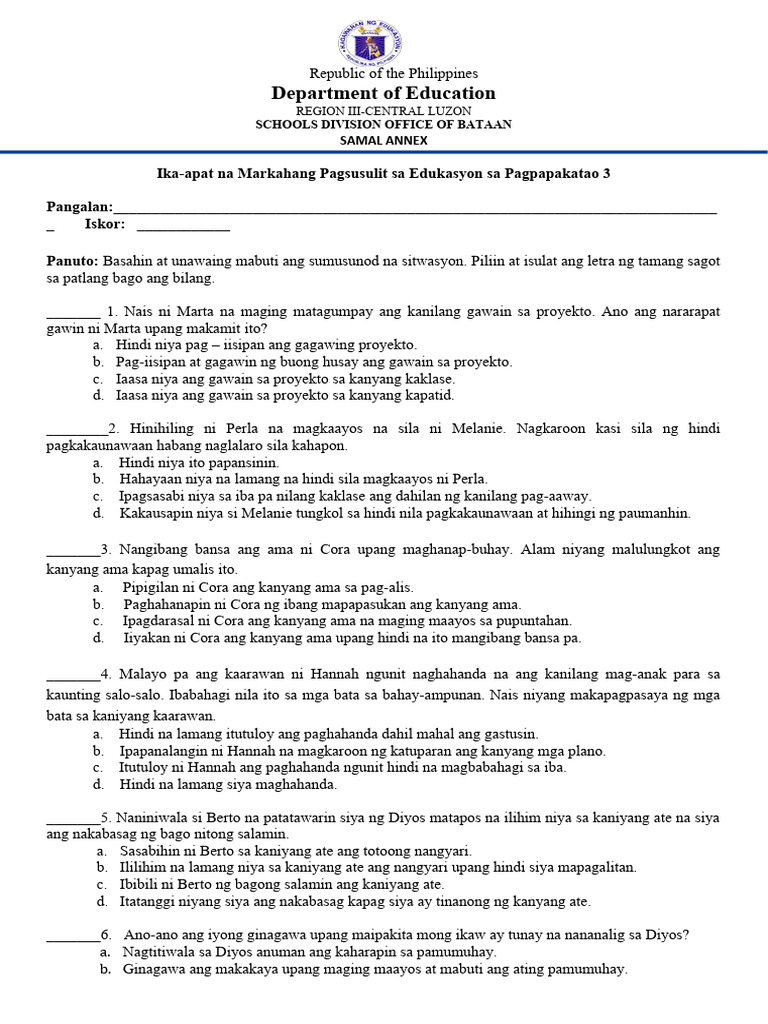 Grade3 ESP 4thPeriodicalTest Edited | PDF