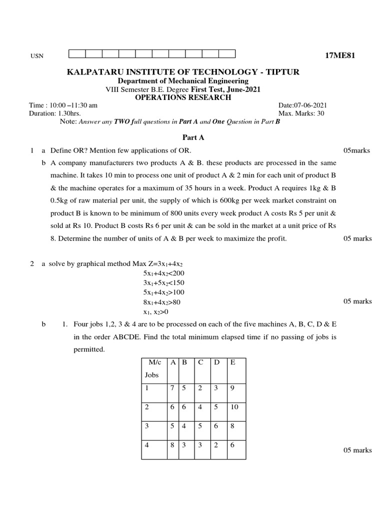 Operations Research Test Paper - June 2021 | PDF | Economies | Economics