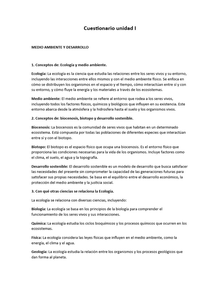 Cuestionario Unidad I Ecologia | PDF | Entorno natural | Ecología