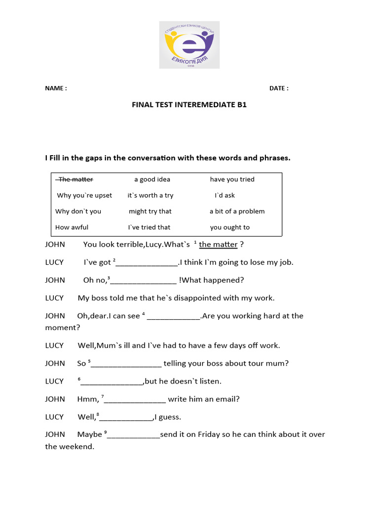 B1 English Final Test Preparation | PDF | Linguistics