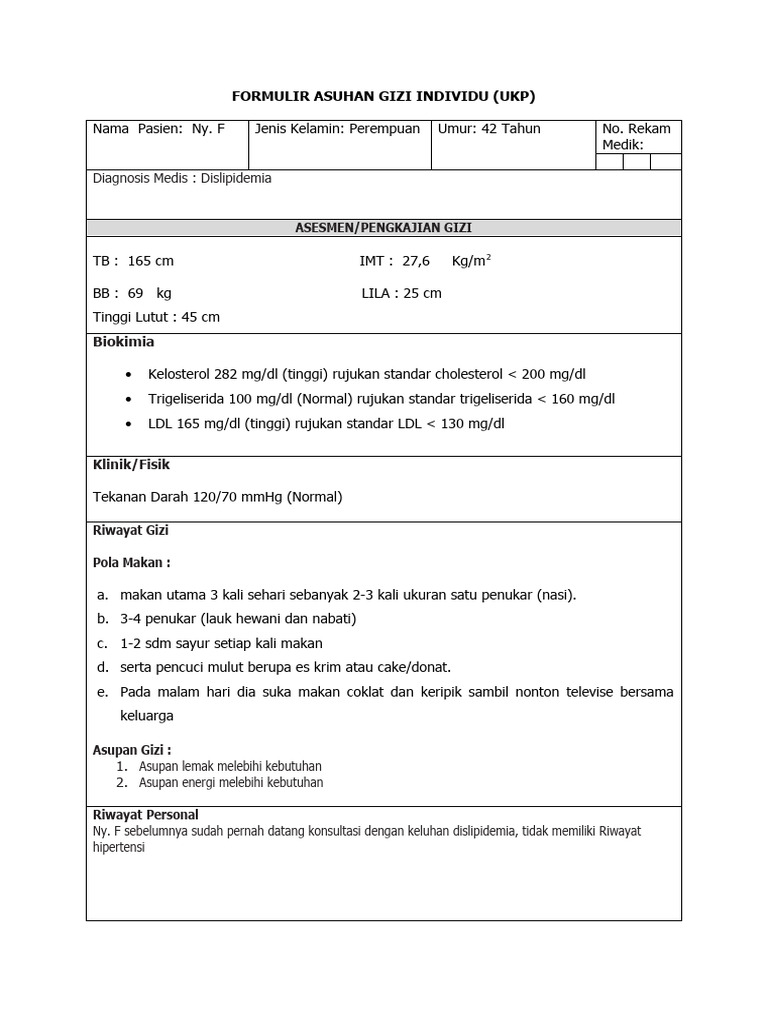 Asuhan Gizi untuk Dislipidemia Ny. F | PDF