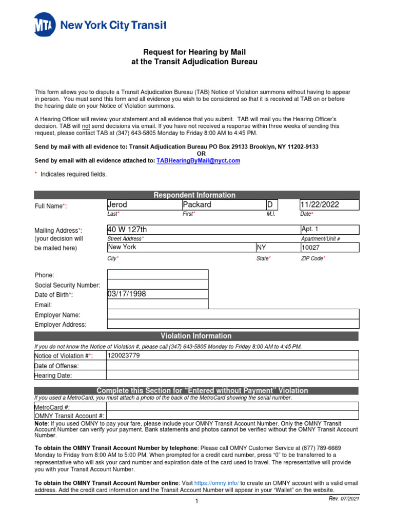 Hearing Request for TAB Violation | PDF