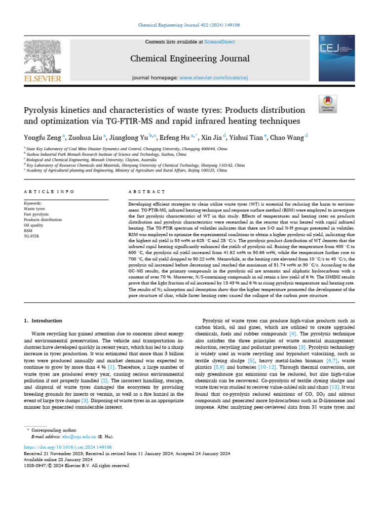 Pyrolysis Kinetics and Characteristics of Waste Tyres - Products ...