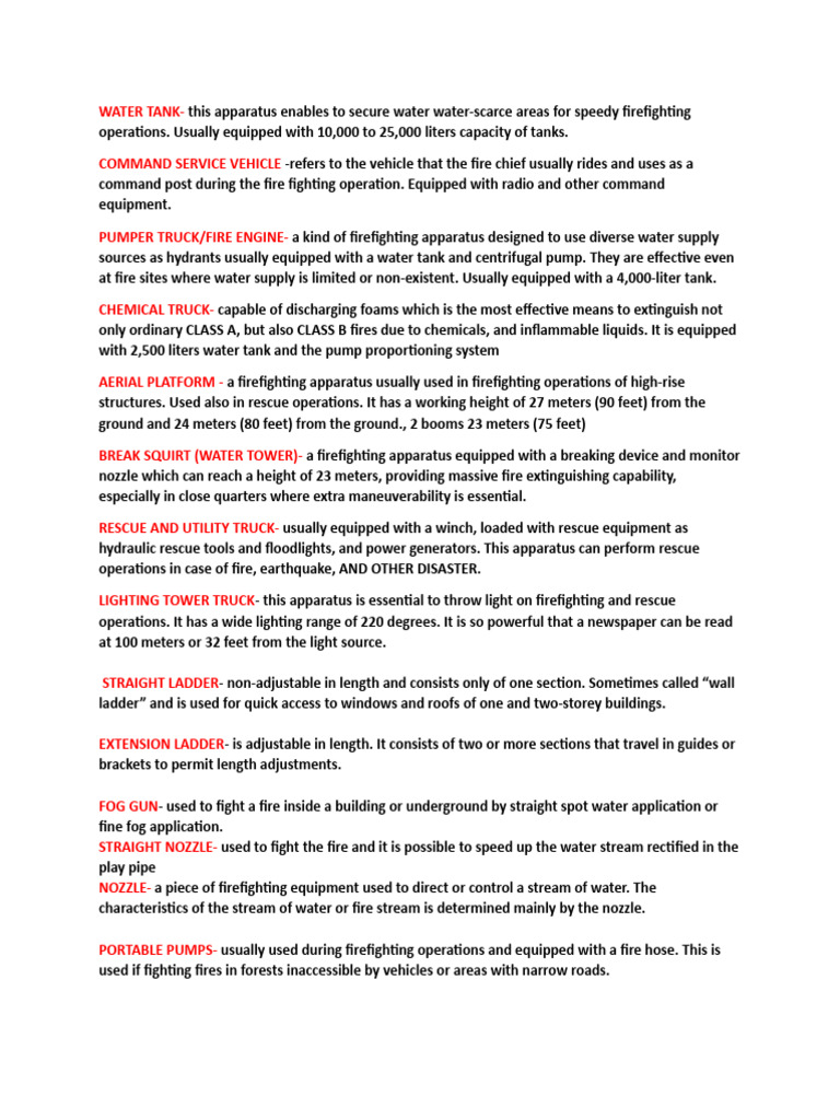 Essential Firefighting Equipment Guide | PDF | Fire Engine | Firefighting