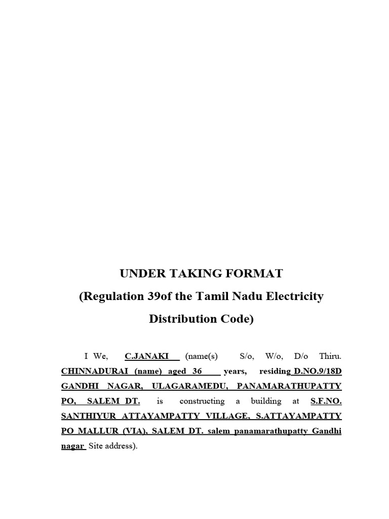TNEB Temporary Connection Undertaking | PDF
