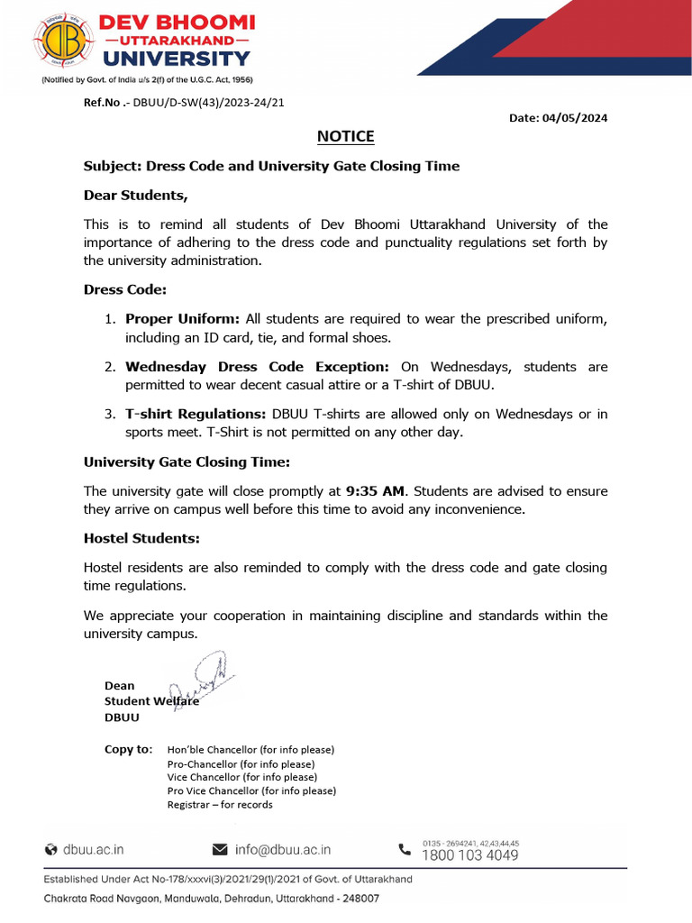 DBUU Dress Code and Gate Policy Notice | PDF