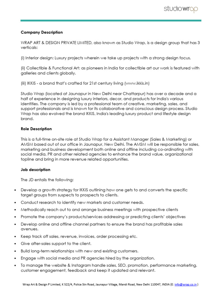 Assistant Manager Sales & Marketing Role | PDF | Brand | Marketing